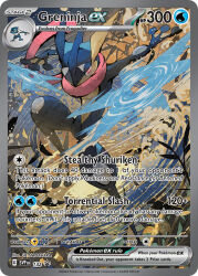 Rule 34 | artist name, bright pupils, card (medium), character name, company name, copyright name, copyright notice, english text, frogadier, gen 6 pokemon, greninja, long tongue, nanahara shie, nintendo, official art, pink eyes, plant, pokemon, pokemon (creature), pokemon card, pokemon focus, pokemon move, pokemon tcg, shuriken, solo, third-party source, tongue, tongue scarf, trading card, water shuriken (pokemon), weapon, white pupils