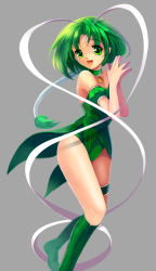 1girl arm_garter boots breasts choker coattails detached_sleeves female_focus frilled_thigh_strap green_boots green_eyes green_hair grey_background highres kudo_kunugi leotard long_hair low_ponytail magical_girl matching_hair/eyes medium_breasts mew_lettuce midorikawa_lettuce open_mouth ponytail puffy_short_sleeves puffy_sleeves short_sleeves smile solo thigh_strap tokyo_mew_mew