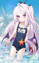 1girl absurdres blue_archive blue_one-piece_swimsuit blush closed_mouth demon_girl demon_horns demon_wings flat_chest hair_ornament hairclip highres hina_(blue_archive) hina_(swimsuit)_(blue_archive) horns innertube loli long_hair looking_at_viewer low_wings measho name_tag official_alternate_costume one-piece_swimsuit one_side_up parted_bangs purple_eyes revision school_swimsuit starfish swim_ring swimsuit very_long_hair wading whistle whistle_around_neck white_hair wings