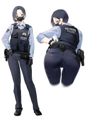 1girl absurdres ass belt black_gloves collared_shirt full_body gloves highres holster looking_at_viewer mask mouth_mask multiple_views original pants police police_uniform policewoman samazuka_mashiro shirt short_hair simple_background solo vest white_background