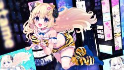 Rule 34 | 1girl, :d, animal ears, animal print, bare shoulders, blonde hair, blue shoes, breasts, fur-trimmed shorts, fur trim, hair ornament, highres, hololive, horns, index finger raised, lightning bolt, lightning bolt hair ornament, lightning bolt symbol, long hair, looking at viewer, loose socks, medium breasts, navel, official art, open mouth, print shorts, print socks, purple eyes, rino cnc, sheep ears, sheep girl, sheep horns, shoes, short shorts, shorts, smile, socks, tiger print, tsunomaki watame, very long hair, virtual youtuber, yellow shorts, yellow socks