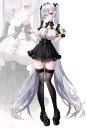 00_zer0 1girl alternate_costume black_nails black_skirt black_thighhighs cinderella_(nikke) full_body goddess_of_victory:_nikke hair_over_one_eye highres long_hair nail_polish one_eye_covered red_eyes skirt solo thighhighs white_background
