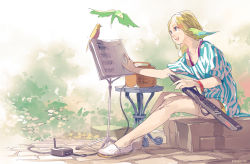 1girl animal animal_on_shoulder artist_name bass_clef beamed_quavers bird bird_on_shoulder blonde_hair blue_eyes crotchet_rest ewi5000 female_focus instrument long_hair musical_note official_art original pomodorosa sheet_music sitting solo