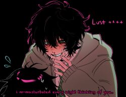 Rule 34 | 2boys, bandage on face, bandages, black background, black hair, blood, blush, degrees of lewdity, english text, full-face blush, green eyes, green hoodie, green necktie, highres, hood, hoodie, koinurin, kylar (degrees of lewdity), kylar (male) (degrees of lewdity), long sleeves, looking at another, male focus, multiple boys, necktie, nosebleed, player character (degrees of lewdity), player character (male) (degrees of lewdity), red pupils, shirt, short hair, simple background, smile, solo focus, striped necktie, sweatdrop, white shirt, yaoi