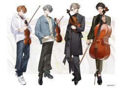 4boys :d abstract_background absurdres arm_at_side bishounen black_boots black_choker black_coat black_eyes black_hair black_shirt blonde_hair blue_eyes blue_jacket blue_pants boots border bow_(music) breast_pocket brown-tinted_eyewear cello choker closed_mouth coat copyright_notice crew_neck cross-laced_shoes curtained_hair denim denim_jacket drawstring dress_shoes earrings fang formal_clothes full_body green_eyes grey_background grey_hair grey_jacket grey_pants grey_shirt grey_suit hair_between_eyes highres hiiragi_toma holding holding_bow_(music) holding_instrument holding_violin hood hood_down hoodie infinitet instrument jacket jeans jewelry kamiya_shinichi lapels lineup loafers looking_at_viewer multiple_boys nanahoshi_eiki notched_lapels official_art open_clothes open_coat open_jacket open_mouth orange_eyes orange_hair outside_border pants parted_bangs parted_lips pocket red_shirt round_eyewear shirt shoes short_shorts shorts smile sneakers standing suit suit_jacket tareme tinted_eyewear tsurime turtleneck usami_ken viola_(instrument) violin white_border white_hoodie white_shoes yukko_(matakite_4kaku)