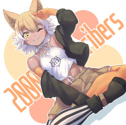 1girl animal_ears blonde_hair boots camisole choker coyote_(kemono_friends) extra_ears gloves jacket kemono_friends kemono_friends_v_project looking_at_viewer lowlandgorilla one_eye_closed short_hair simple_background skirt solo thighhighs virtual_youtuber wolf_ears wolf_girl yellow_eyes