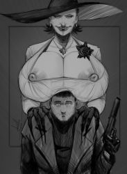 1boy 1girl alcina_dimitrescu areola_slip black_lips breast_rest breasts breasts_on_head chris_redfield claws cleavage devilhs dress dress_flower facial_hair fingernails flower gigantic_breasts gloves greyscale gun handgun hands_on_another&#039;s_shoulder hat height_difference hetero highres holding holding_gun holding_weapon huge_nipples jewelry large_areolae lipstick long_fingernails makeup monochrome necklace nipple_slip nipples no_bra pale_skin pistol rape_face resident_evil resident_evil_village sharp_fingernails short_hair stubble sun_hat surprised tall_female weapon