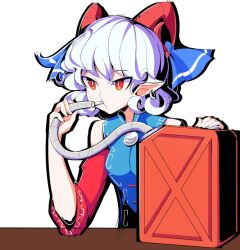 1girl arm_support bare_shoulders black_outline blue_ribbon blue_shirt bright_pupils curled_horns detached_sleeves drinking drinking_gasoline gas_can gasoline horn_ornament horn_ribbon horns looking_ahead outline pointy_ears puckered_lips red_eyes red_horns red_sleeves ribbon rsutibu shirt short_hair simple_background sketch sleeveless sleeveless_shirt slit_pupils solo table touhou toutetsu_yuuma upper_body wavy_hair white_background white_hair white_pupils