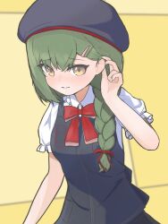 1girl 3: alternate_costume apron beret black_hat black_skirt bow bowtie braid breasts brown_eyes closed_mouth collared_shirt commentary embarrassed frilled_shirt_collar frilled_sleeves frills frown green_hair grey_apron hachiban_ramen hachiban_ramen_uniform hair_ornament hairclip hat link!_like!_love_live! looking_at_viewer love_live! medium_breasts ogami_sachi parallel_hairclips raised_inner_eyebrows red_bow red_bowtie shirt single_braid skirt solo split_mouth tokusa_(sachi_biglove) upper_body white_shirt yellow_background