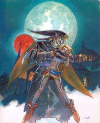 1990s_(style) 1girl arm_grab blonde_hair cape chrono_(series) chrono_cross dagger game height_difference kid_(chrono_cross) knife lynx moon navel official_art painting_(medium) retro_artstyle skinny skirt torso_grab traditional_media watercolor_(medium) weapon yuuki_nobuteru