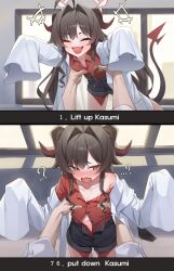 1boy 1girl 2koma ? absurdres ahoge arms_up blue_archive blush breasts cleavage clothing_aside collarbone collared_shirt comic demon_tail fang hair_intakes halo highres horns implied_sex kasumi_(blue_archive) lab_coat lifting_person loli long_hair navel off_shoulder open_mouth oversized_clothes panties panties_aside pov red_shirt shirt shirt_tucked_in shorts skin_fang sleeves_past_wrists small_breasts smile solo_focus tail um_111 unbuttoned unbuttoned_pants unbuttoned_shirt underwear yellow_eyes