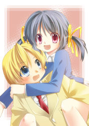 Rule 34 | 00s, bad id, bad pixiv id, blonde hair, blue eyes, blue hair, brother and sister, carrying, clannad, hug, long hair, piggyback, red eyes, riding, short hair, siblings, sunohara mei, sunohara youhei, twintails, yui (daijun)
