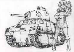 1girl boots collared_shirt commentary_request eclair_(girls_und_panzer) full_body girls_und_panzer girls_und_panzer_gekitou!_maginot-sen_desu!! graphite_(medium) hand_on_own_hip highres jacket long_hair maginot_military_uniform military_vehicle motor_vehicle necktie nspa_(spa-jcs) pencil_skirt reaching reaching_towards_viewer shirt sketch skirt somua_s35 spade_(shape) tank traditional_media unfinished