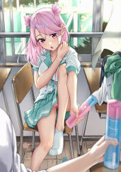 1girl 1other aqua_skirt bag blurry blurry_background blurry_foreground blush bra_visible_through_clothes breasts can chair collarbone collared_shirt commentary_request curtains day deodorant depth_of_field desk double_bun duffel_bag english_text feet fingernails hair_behind_ear hair_bun hand_on_own_shoulder hand_up highres holding holding_can hot indoors kamagaya_momoka kamikakushi_no_eden knee_up large_breasts looking_at_viewer medium_hair neck_ribbon no_shoes open_mouth open_window out_of_frame outstretched_arm panties pantyshot parted_bangs pink_eyes pink_hair pink_panties pink_ribbon pleated_skirt pov ribbon sahara386 school_chair school_desk school_uniform see-through_clothes see-through_shirt serafuku shirt shoes short_sleeves sidelocks sitting skirt socks solo_focus spray_can sweat sweaty_clothes tile_floor tiles tongue tree two_side_up underwear untied_ribbon unworn_clothes unworn_shoes white_shirt white_socks wind window