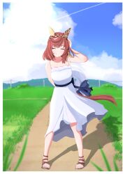Rule 34 | 1girl, absurdres, alternate costume, animal ears, bare shoulders, brown hair, buena vista (umamusume), checkered hairband, closed eyes, dress, eakon 7bit, ear covers, facing viewer, full body, hairband, hat, highres, horse ears, horse girl, horse tail, medium hair, sandals, smile, solo, sun hat, sundress, tail, twitter username, umamusume, unworn headwear, white dress, white hat