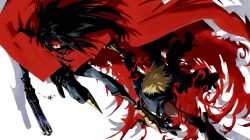 Rule 34 | 200 percent, 2boys, armored boots, black gloves, black hair, black pants, black skirt, boots, cape, cloud strife, final fantasy, final fantasy vii, final fantasy vii advent children, fusion swords, gauntlets, gloves, gun, headband, highres, holding, holding gun, holding sword, holding weapon, jumping, long hair, male focus, multiple boys, pants, red cape, red headband, rescue, shirt, single gauntlet, single glove, skirt, sleeveless, sleeveless shirt, spiked hair, sword, torn cape, torn clothes, vincent valentine, weapon