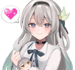 1boy 1girl black_hairband blue_neckerchief blue_pupils blush caelus_(honkai:_star_rail) chibi choker closed_mouth collared_shirt dot_nose firefly_(honkai:_star_rail) gradient_hair grey_hair hair_between_eyes hair_intakes hair_ornament hair_ribbon hairband heart heart_o-ring heart_ring_choker honkai:_star_rail honkai_(series) long_sleeves multicolored_eyes multicolored_hair neckerchief nose o-ring o-ring_choker ohutonnemuohayo ribbon shirt simple_background smile speech_bubble stuffed_toy trailblazer_(honkai:_star_rail) two-tone_eyes white_background white_shirt white_sleeves yellow_eyes