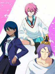 1boy 2girls amate_yuzuriha amate_yuzuriha_(cosplay) aqua_skirt blue_hair collarbone commentary_request cosplay dark-skinned_female dark_skin green_eyes gundam gundam_gquuuuuux haman_karn highres lalah_sune long_sleeves mobile_suit_gundam multiple_girls necktie nyaan_(gundam_gquuuuuux) nyaan_(gundam_gquuuuuux)_(cosplay) paptimus_scirocco pink_hair puffy_long_sleeves puffy_sleeves purple_eyes salmon_knight shuji_ito shuji_ito_(cosplay) skirt smile the_o_(mobile_suit) two-tone_necktie zeta_gundam