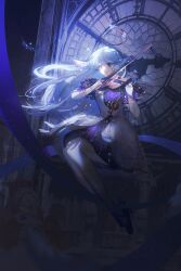 1girl aoiinu0125 aqua_eyes bow_(music) clock clock_tower commentary_request dress full_body gloves hair_between_eyes halo head_wings highres holding holding_bow_(music) holding_instrument holding_violin honkai:_star_rail honkai_(series) instrument long_hair music pantyhose playing_instrument purple_dress purple_hair robin_(honkai:_star_rail) sitting smile solo tower very_long_hair violin white_dress white_gloves white_pantyhose wings