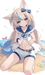 1girl :3 absurdres ahoge animal_ears bad_id bad_twitter_id beach blonde_hair blue_eyes blue_hair blue_nails breasts cat_ears crab dress fang fins fish_girl fish_tail highres hiroside indie_virtual_youtuber long_hair looking_at_viewer low_twintails multicolored_hair nail_polish navel one_side_up sameko_saba sand seashell shell short_shorts shorts skin_fang sleeveless sleeveless_dress small_breasts smile solo streaked_hair tail twintails very_long_hair virtual_youtuber water white_dress white_shorts