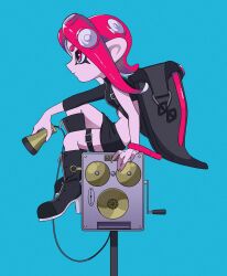 1girl agent_8_(splatoon) black_boots black_skirt blue_background boots high_heel_boots high_heels highres long_hair looking_ahead miniskirt nintendo octoling oka_kabe pencil_skirt red_eyes red_hair short_eyebrows simple_background sitting skirt solo splatoon_(series) splatoon_2 splatoon_2:_octo_expansion standing tentacle_hair thick_eyebrows
