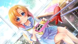 1girl bento blue_eyes blue_sailor_collar blue_skirt blue_sky blurry blush chair chopsticks classroom depth_of_field desk dutch_angle feet_out_of_frame food fuyuzora game_cg highres higurashi_no_naku_koro_ni higurashi_no_naku_koro_ni_mei holding_bento indoors light_particles looking_at_viewer lunchbox miniskirt necktie non-web_source official_art omelet on_chair onigiri orange_hair parted_lips pleated_skirt pov ryuuguu_rena sailor_collar sausage school_chair school_desk school_uniform serafuku shirt short_hair sitting skirt sky sparkle tamagoyaki white_shirt window yellow_necktie