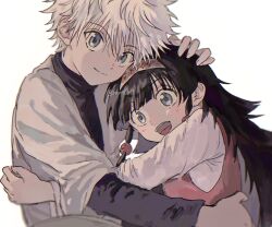 1boy 1girl alluka_zoldyck black_hair blue_eyes highres hug hunter_x_hunter killua_zoldyck long_hair messy_hair nnnt0c0 open_mouth shirt short_hair simple_background smile white_hair white_shirt