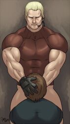 2boys artist_name bara biceps black_gloves blonde_hair blue_shirt brown_hair censored closed_eyes covered_abs covered_pectorals dong_saeng_(gaysomecomics) gloves hand_on_another&#039;s_head implied_fellatio jack_krauser leon_s._kennedy male_focus multiple_boys muscular muscular_male no_pants pectorals red_shirt resident_evil shirt signature smile sweatdrop swept_bangs third-party_source yaoi