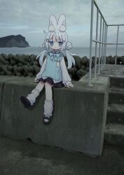1girl animal_ear_fluff animal_ears black_shoes black_skirt blue_bow blue_bowtie blue_eyes blue_sweater_vest bow bowtie commentary_request double_bun full_body hair_bun hair_ornament hairclip highres long_hair long_sleeves looking_at_viewer loose_socks miniskirt nakkar open_mouth original outdoors photo_background plaid_bow plaid_bowtie plaid_clothes pleated_skirt rabbit_ears shirt shoes sitting skirt socks solo sweater_vest twintails white_hair white_shirt white_socks