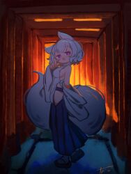 Rule 34 | 1girl, absurdres, alternate costume, animal ears, blue skirt, breasts, chii (tsumami tsumamare), detached sleeves, from side, full body, hat, highres, hip vent, index finger raised, inubashiri momiji, long skirt, looking at viewer, multiple torii, okobo, platform sandals, pleated skirt, purple eyes, sandals, shirt, short hair, sideboob, signature, skirt, sleeveless, sleeveless shirt, solo, tail, tokin hat, torii, touhou, white background, white shirt, wide sleeves, wolf ears, wolf girl, wolf tail