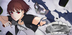 1girl artist_name artist_request black_vest blush braid breasts brown_hair collarbone collared_vest crown_braid female_focus gloves gun handgun holding holding_gun holding_weapon horikkita looking_at_viewer mask niijima_makoto parted_lips persona persona_5 persona_5_scramble:_the_phantom_strikers red_eyes shirt short_hair single_glove small_breasts smile solo spiked_knuckles torn_clothes vest weapon white_gloves white_shirt