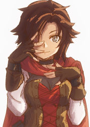 1girl belt black_hair boots cape cloak corset dress fingerless_gloves frilled_dress frills gloves gradient_hair grey_eyes hand_covering_face hood hooded_cloak kaogei_moai knee_boots lace-up_boots long_sleeves multicolored_hair red_cape red_hair ruby_rose rwby short_hair solo two-tone_hair
