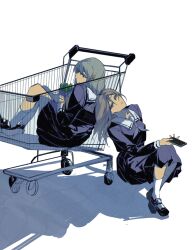 2girls bang_dream! bang_dream!_it&#039;s_mygo!!!!! black_shirt black_shoes black_skirt cellphone chinese_commentary commentary_request cucumber e-fa-dorn green_hair grey_neckerchief highres holding holding_phone long_hair long_sleeves multiple_girls nagasaki_soyo neckerchief phone pleated_skirt sailor_collar school_uniform shirt shoes shopping_cart skirt smartphone socks tsukinomori_school_uniform wakaba_mutsumi white_background white_sailor_collar white_socks