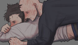 2boys bald beard belt black_shirt blush brown_hair commentary_request deadpool deadpool_&amp;_wolverine deadpool_(series) doghooouse facial_hair full-face_blush green_eyes highres looking_at_another lying lying_on_person male_focus marvel marvel_cinematic_universe multiple_boys muscular on_stomach pants parted_lips scar scars_all_over shirt short_hair sweatdrop tears too_many wolverine_(x-men) x-men yaoi