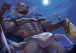 1boy abs animal_ears bara biceps black_fur blaidd_the_half-wolf blue_cape bulge cape claws clenched_hand closed_mouth dog_nose elden_ring fangs fangs_out full_moon fundoshi furry furry_male highres holding holding_sword holding_weapon japanese_clothes kenjilo_(kenjilokung) looking_at_viewer looking_down male_focus moon multiple_scars muscular muscular_male navel night night_sky pectorals ruins scar scar_across_eye scar_on_arm scar_on_ear scar_on_face scar_on_leg scar_on_stomach sky star_(sky) starry_sky sword weapon wolf_boy wolf_ears