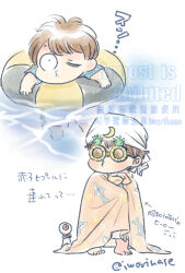 1boy ahoge baby barefoot beach_towel brown_hair child floating gegege_no_kitarou ghost headband holding_floatie iworihase japanese_clothes jinbei_(clothes) kitarou kitarou_tanjou:_gegege_no_nazo medama_oyaji ocean one_eye_closed one_eye_covered parted_bangs pineapple_shaped_eyewear puffy_cheeks solo standing sunglasses swim_ring towel towel_on_head twitter_username watermark