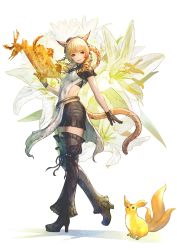 1girl animal_ears black_bra black_gloves black_legwear black_shoes black_skirt blonde_hair book bra braid cat_ears cat_tail commentary drill_hair drill_sidelocks final_fantasy final_fantasy_xiv floral_background full_body gloves high_heels highres holding holding_book looking_to_the_side miqo&#039;te parted_lips red_eyes scholar_(final_fantasy) shadow shoes shukei side_slit sidelocks skirt solo tail underwear warrior_of_light_(ff14) white_background