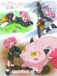 1girl @_@ adversarial_noise bandaid bandaid_hair_ornament black_hair black_skirt candy cbpea1 closed_eyes coral_(pokemon) cropped_shirt food hair_brush hair_ornament highres long_sleeves midriff multicolored_hair multiple_views nintendo open_mouth pink_hair poke_ball poke_ball_(basic) pokemon pokemon_(anime) pokemon_(creature) pokemon_horizons scream_tail skirt sleeves_past_fingers sleeves_past_wrists twintails two-tone_hair