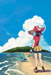 1girl bandana bike_shorts black_shorts black_socks brown_hair cloud cloudy_sky commentary english_commentary fanny_pack from_behind full_body gen_3_pokemon gloves island may_(pokemon) mirage_island mixed-language_commentary nintendo ocean pokemon pokemon_(creature) pokemon_rse red_bandana red_shirt red_shoes rowdon shirt shoes shorts sky socks standing wynaut
