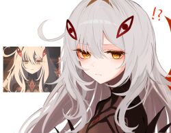 !? 1girl absurdres closed_mouth cowlick eye_hair_ornament eye_symbol frown genshin_impact hair_between_eyes hair_ornament highres long_hair magnet_8_8 official_art_inset reference_inset ronova_(genshin_impact) simple_background solo symbol-shaped_pupils upper_body white_background white_hair yellow_eyes