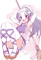 Rule 34 | 1girl, ankle lace-up, blush, broom, elysia de lute ima, feet, female focus, hair ornament, happy, hikari (mitsu honey), kami nomi zo shiru sekai, long hair, looking at viewer, open mouth, ponytail, sandals, simple background, sketch, smile, solo, toeless legwear, toes, white background