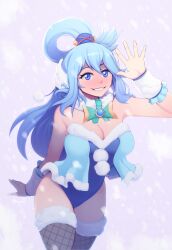 1girl absurdres aqua_(konosuba) bare_shoulders blue_eyes blue_hair blue_leotard blush bow bowtie breasts cleavage cowboy_shot fishnet_thighhighs fishnets fur-trimmed_leotard fur_collar fur_trim gem green_bow green_bowtie grin hand_up highres kono_subarashii_sekai_ni_shukufuku_wo! large_breasts leotard long_hair mycrys shiny_skin smile solo teeth thighhighs