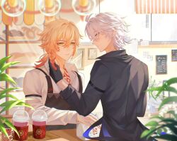 2boys antenna_hair apron black_apron black_choker black_gloves black_shirt blonde_hair blue_eyes braid chest_tattoo chinese_commentary choker collared_shirt commentary_request facial_tattoo gloves gradient_hair hair_between_eyes hand_in_another&#039;s_hair highres honkai:_star_rail honkai_(series) luowu05578 male_focus medium_hair multicolored_hair multiple_boys mydei_(delicacies)_(honkai:_star_rail) mydei_(honkai:_star_rail) phainon_(fashion)_(honkai:_star_rail) phainon_(honkai:_star_rail) ponytail red_hair red_tattoo shirt short_hair side_braid tattoo white_hair white_shirt yaoi yellow_eyes