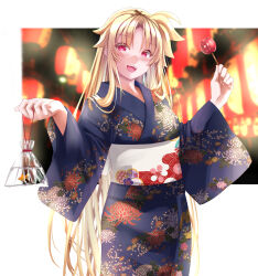 1girl alternate_costume bag bagged_fish blonde_hair blue_kimono blush border candy_apple fate_testarossa fish floral_print floral_print_kimono food goldfish highres holding_candy_apple japanese_clothes kimono lantern long_hair looking_at_viewer lyrical_nanoha mahou_shoujo_lyrical_nanoha_strikers obi open_mouth outside_border paper_lantern print_kimono red_eyes sash smile solo sougetsu_izuki standing summer_festival very_long_hair white_border yukata