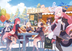 6+girls ahoge akari_(blue_archive) balloon black_coat black_hair black_headwear black_horns black_necktie blonde_hair blue_archive blue_eyes blue_halo blush braid brown_eyes brown_hair closed_mouth coat collared_shirt curry curry_rice day demon_horns food fuuka_(blue_archive) green_eyes grey_hair halo haruna_(blue_archive) headscarf highres horns izumi_(blue_archive) junko_(blue_archive) juri_(blue_archive) long_hair long_sleeves multiple_girls necktie nuudoru one_eye_closed open_mouth outdoors pink_hair pointy_ears red_eyes red_hair red_halo red_skirt rice shirt side_braid skirt smile twintails white_headscarf white_headwear white_shirt yellow_halo yellow_headscarf yellow_headwear