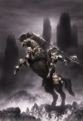 1boy aiba_ryosuke armor black_horse breastplate bridle commentary fake_horns final_fantasy final_fantasy_xi full_armor gauntlets greaves helmet highres holding holding_polearm holding_weapon horned_helmet horns horse horseback_riding odin_(final_fantasy) official_art polearm rearing riding saddle second-party_source shoulder_armor sleipnir_(final_fantasy) spear weapon