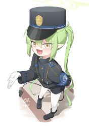 1girl absurdres arm_behind_back black_hat black_shirt black_shoes black_shorts blue_archive blush boots brown_eyes commentary demon_tail fang from_above full_body garrison_cap gloves green_halo grey_hair halo hat highres kafuukamiya long_hair nozomi_(blue_archive) open_mouth pantyhose pointy_ears shirt shoes shorts skin_fang smile solo standing tail twintails very_long_hair white_gloves white_pantyhose