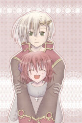 Rule 34 | 1boy, 1girl, :d, armor, asymmetrical bangs, blonde hair, blush, breastplate, brown background, brown coat, chainmail, circlet, closed eyes, closed mouth, coat, commentary request, cross, gold trim, green eyes, hair between eyes, hetero, hug, hug from behind, knight (ragnarok online), long sleeves, looking at viewer, open mouth, pink hair, priest (ragnarok online), ragnarok online, red coat, red hair, sharari, short hair, smile, upper body