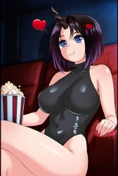 Rule 34 | 1girl, black hair, black leotard, blue eyes, breasts, commentary, covered navel, crossed legs, elma (maidragon), english commentary, food, gradient hair, heart, heattech leotard, highleg, highleg leotard, highres, horns, kobayashi-san chi no maidragon, large breasts, leotard, multicolored hair, ojoqtlv, popcorn, purple hair, short hair, single horn, sitting, solo, turtleneck