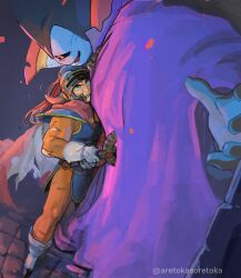 Rule 34 | 2boys, aretokasoretoka, armor, black horns, black sclera, blood, blood on face, blue armor, blue helmet, blue skin, bodysuit, boots, cape, clenched teeth, colored sclera, colored skin, commentary request, dragon lord, dragon quest, dragon quest i, erdrick&#039;s sword, fake horns, from above, gloves, grey eyes, height difference, helmet, hero (dq1), highres, holding, holding sword, holding weapon, horned helmet, horns, impaled, jewelry, looking at another, looking up, male focus, monster boy, multiple boys, muscular, muscular male, necklace, open mouth, orange bodysuit, profile, purple robe, red cape, red horns, robe, sweatdrop, sword, teeth, torn bodysuit, torn cape, torn clothes, twitter username, two-sided cape, two-sided fabric, veiny face, weapon, white boots, white cape, white gloves, yellow eyes